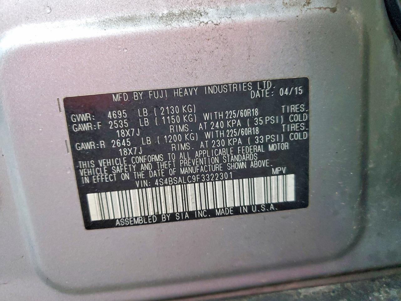 2015 SUBARU OUTBACK 2.5I LIMITED photo 12