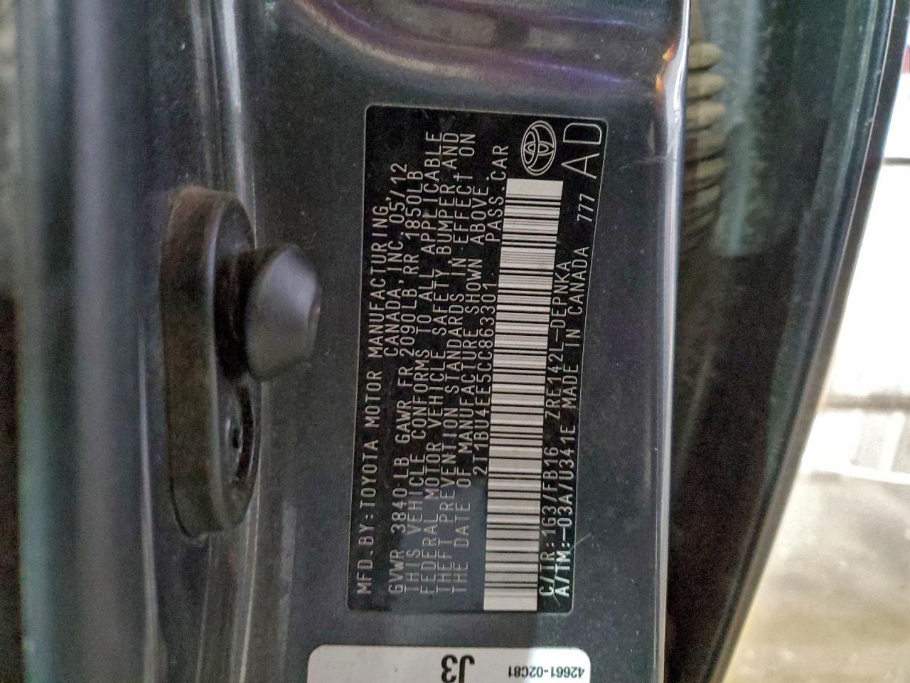 2012 TOYOTA COROLLA BASE photo 12