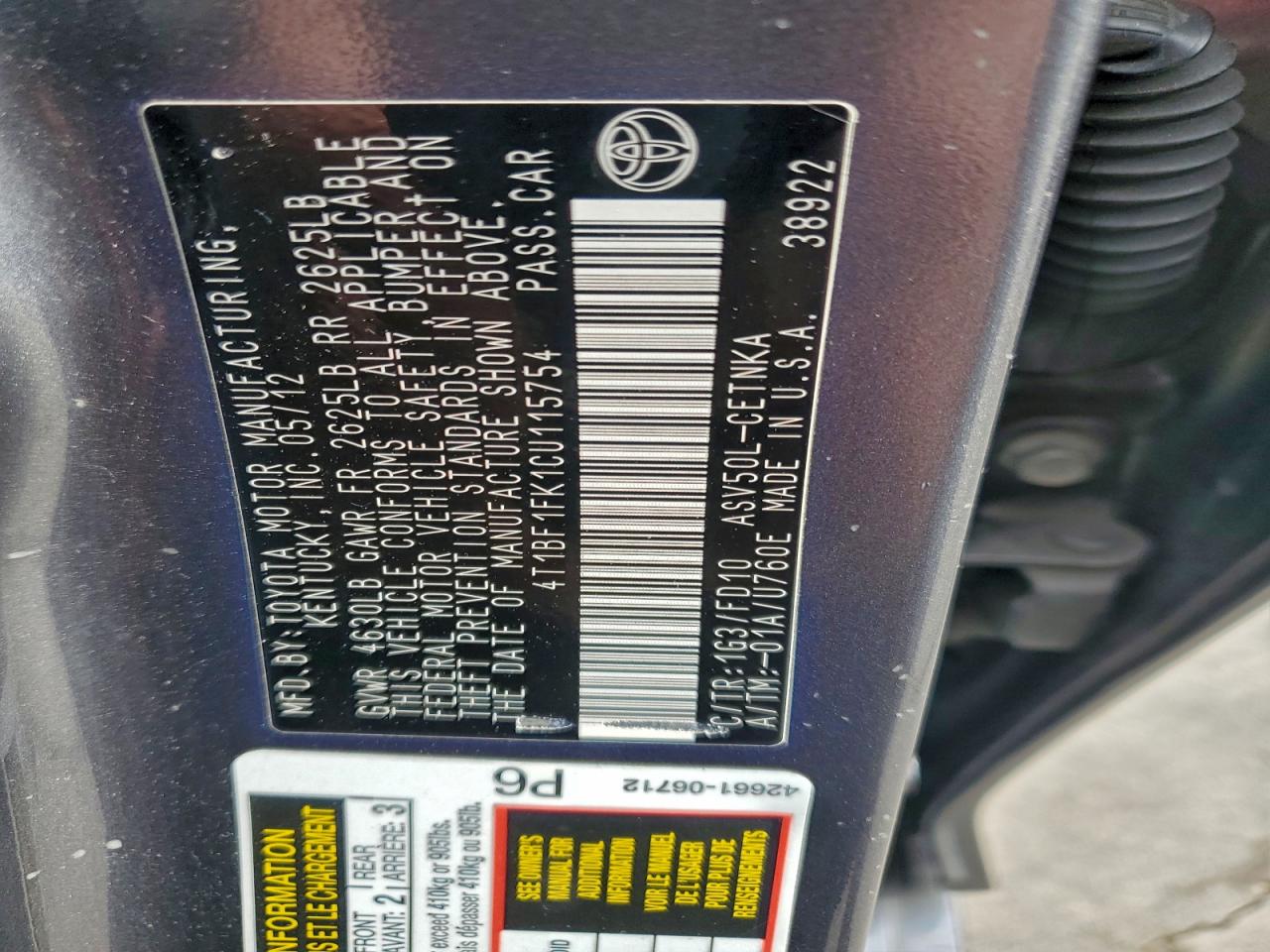 2012 TOYOTA CAMRY BASE photo 15