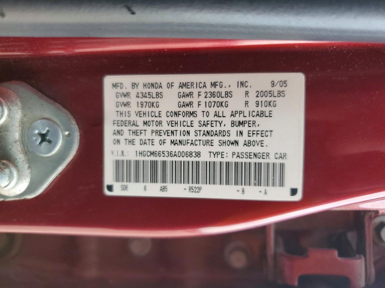 2006 HONDA ACCORD EX photo 12