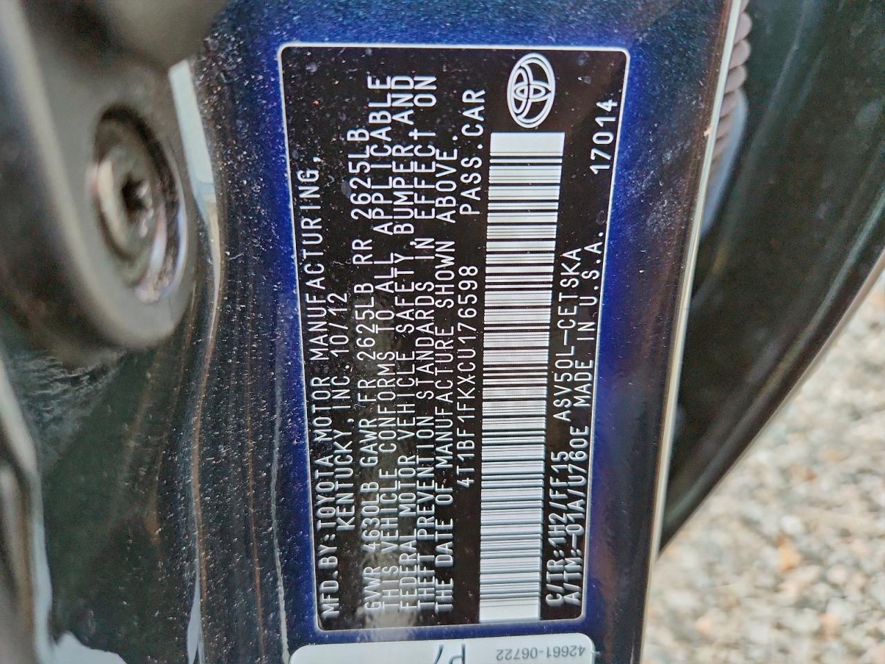 2012 TOYOTA CAMRY BASE photo 12
