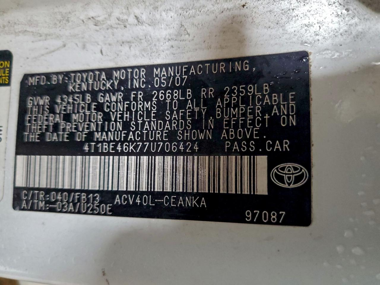 2007 TOYOTA CAMRY CE photo 34