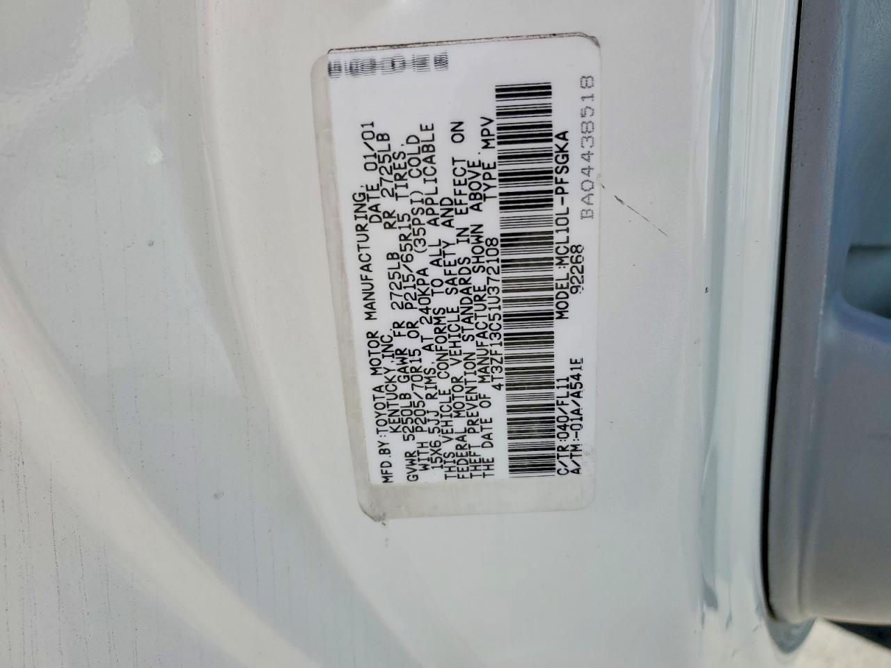 2001 TOYOTA SIENNA LE photo 13