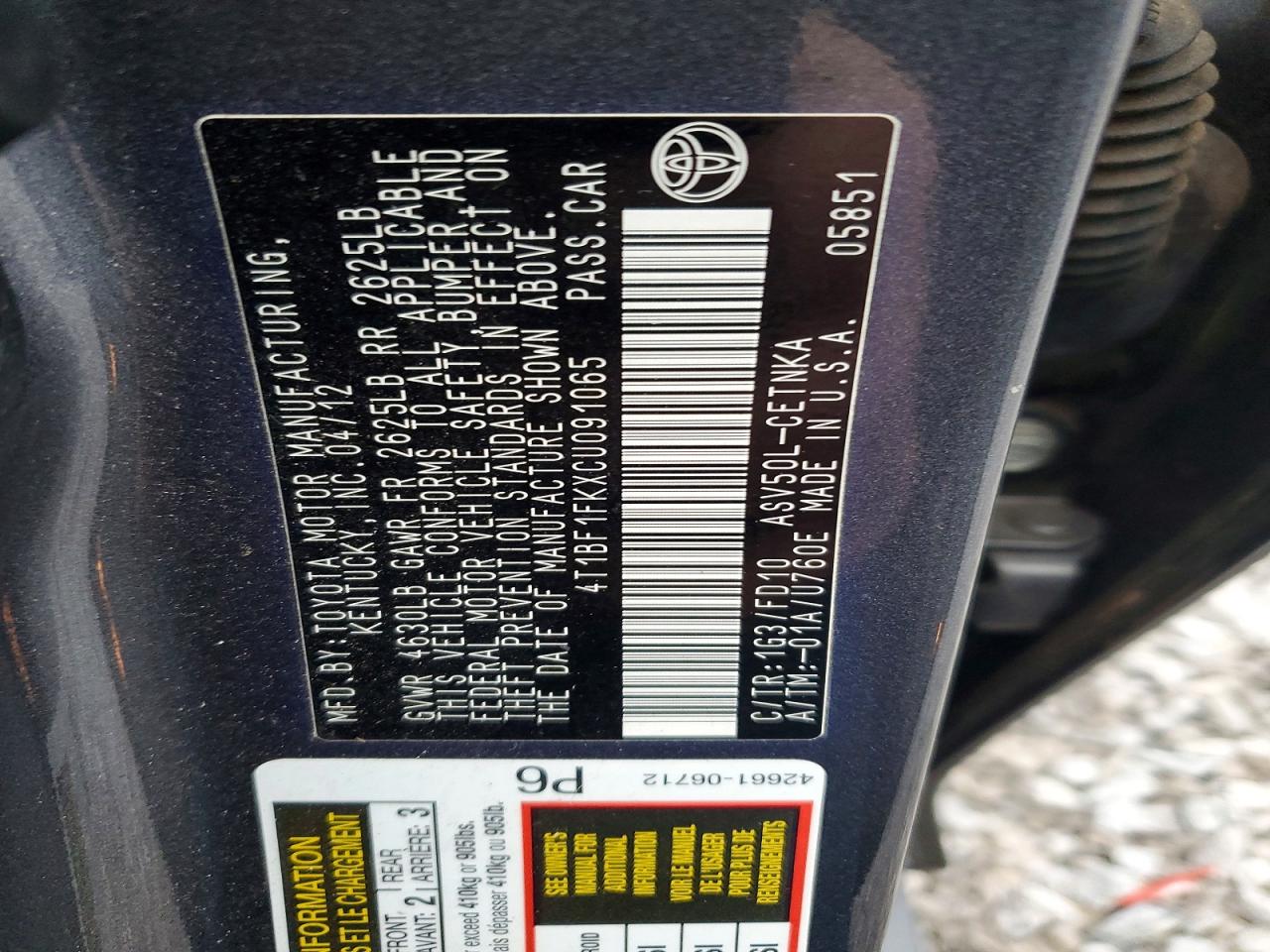 2012 TOYOTA CAMRY BASE photo 12