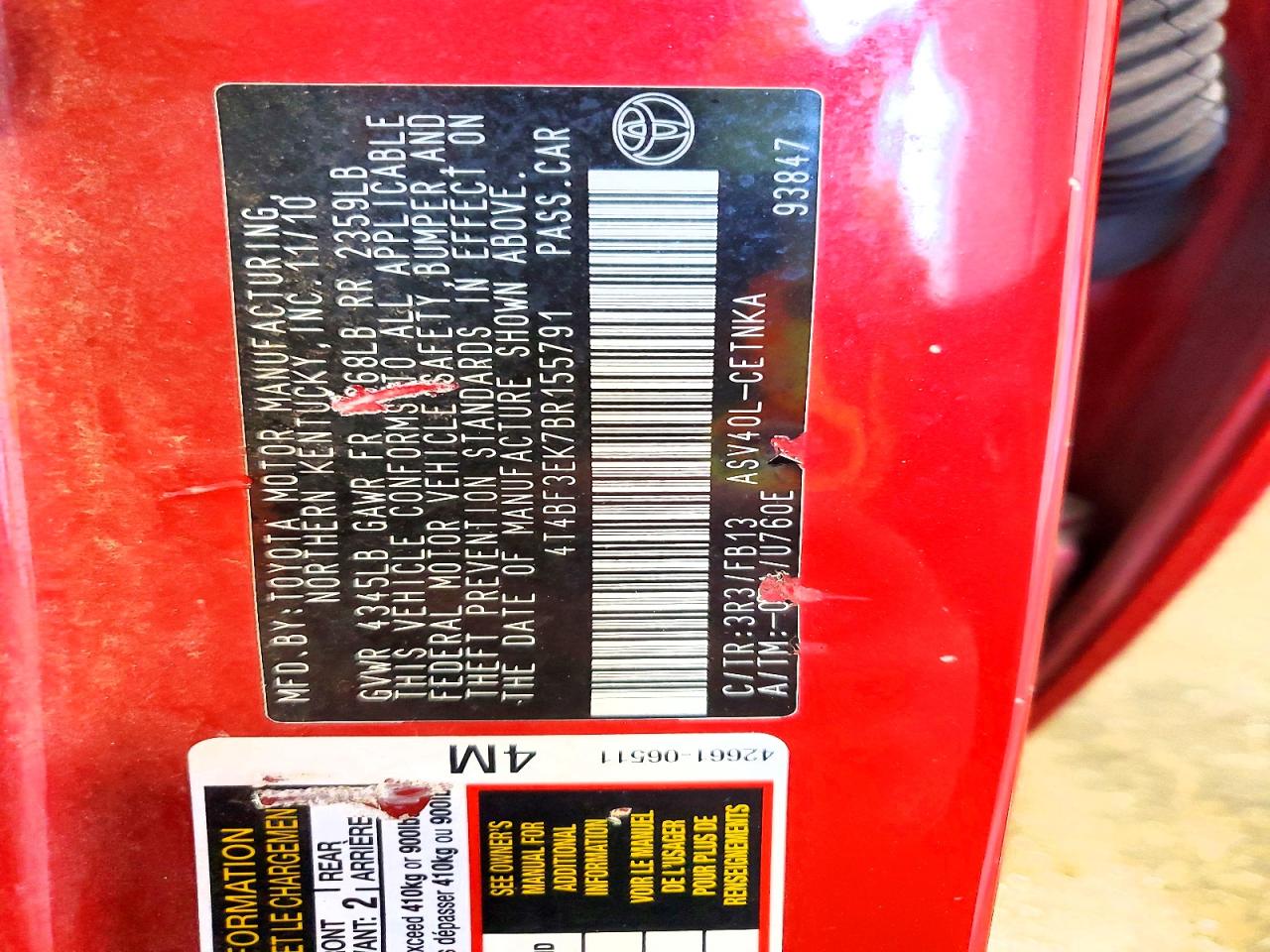 2011 TOYOTA CAMRY BASE photo 12
