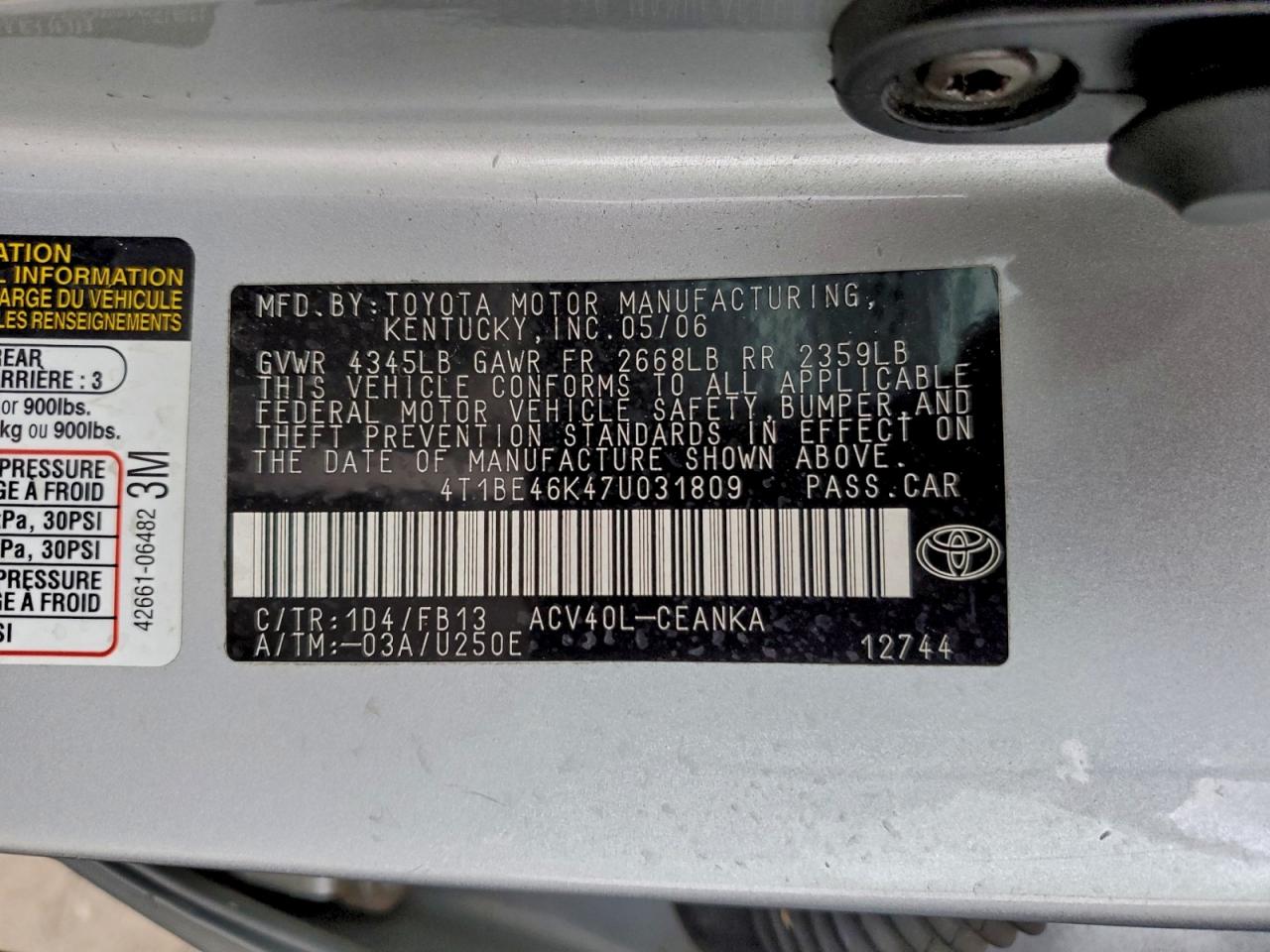 2007 TOYOTA CAMRY CE photo 23