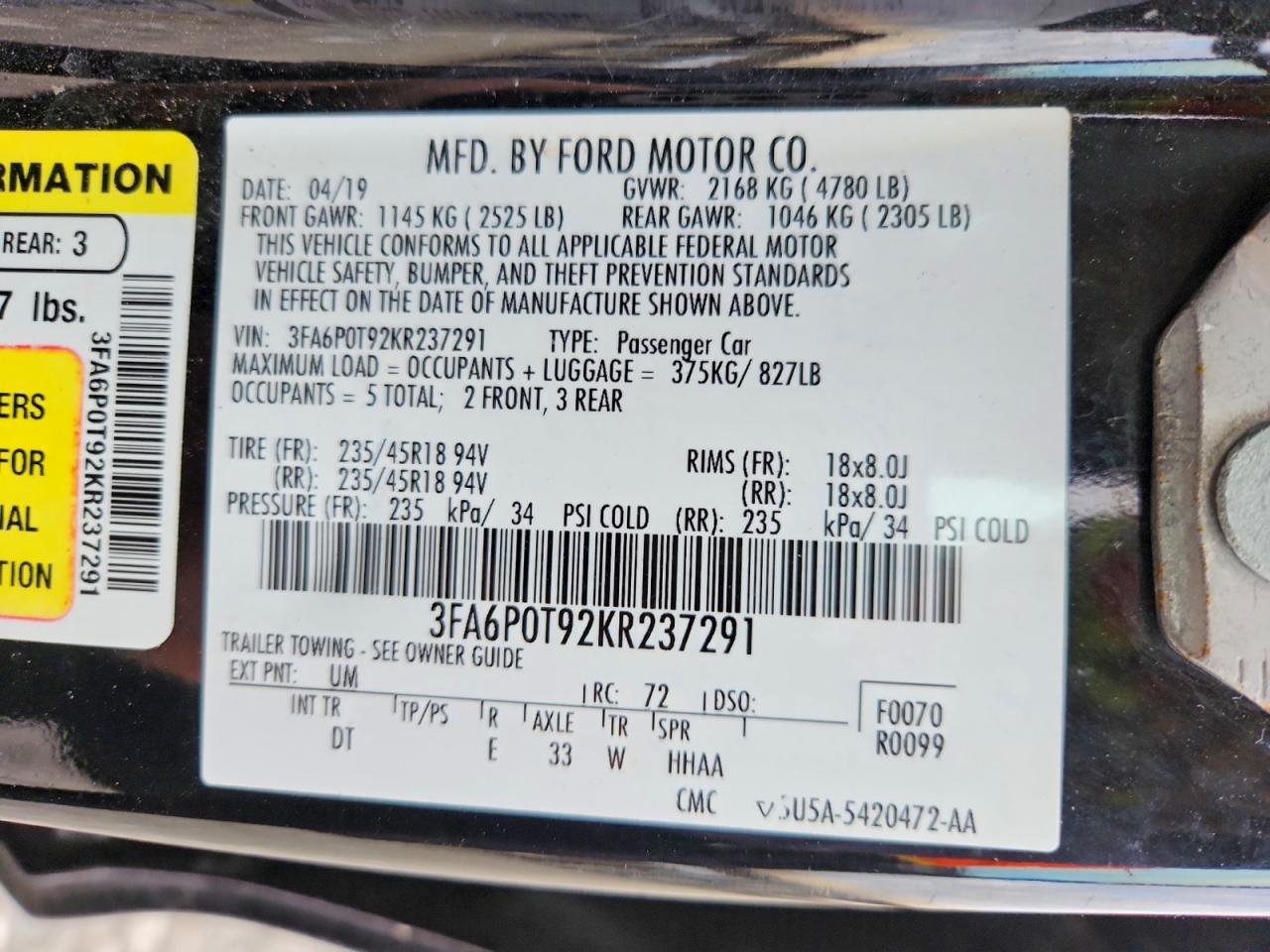 2019 FORD FUSION SE photo 23