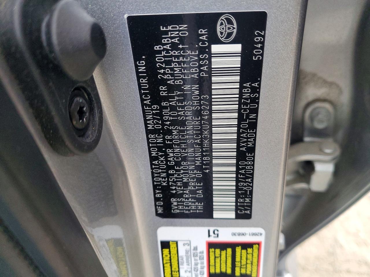 2019 TOYOTA CAMRY L photo 12