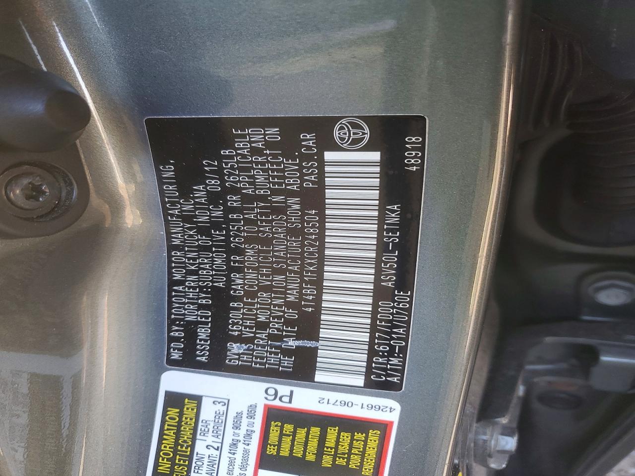 2012 TOYOTA CAMRY BASE photo 12