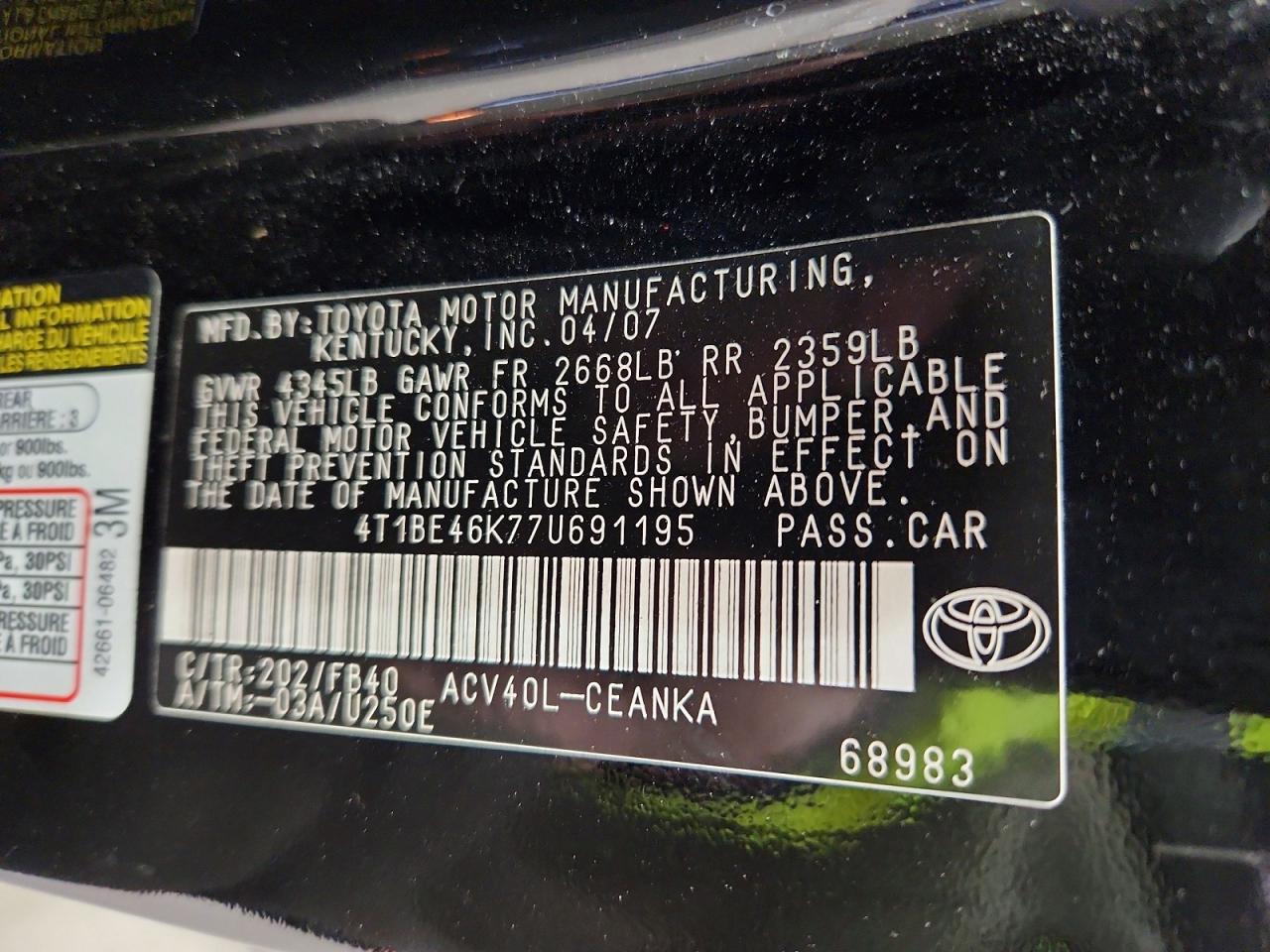 2007 TOYOTA CAMRY CE photo 12
