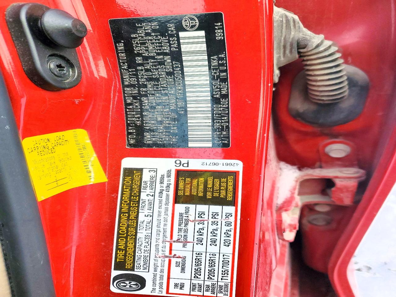 2012 TOYOTA CAMRY BASE photo 12