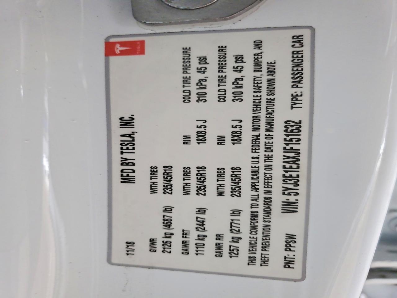 2018 TESLA MODEL 3 photo 12