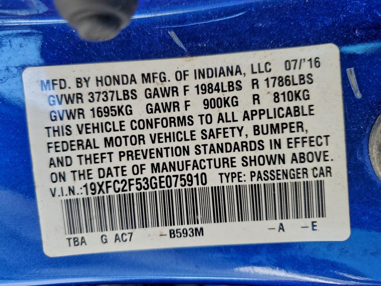 2016 HONDA CIVIC LX photo 12