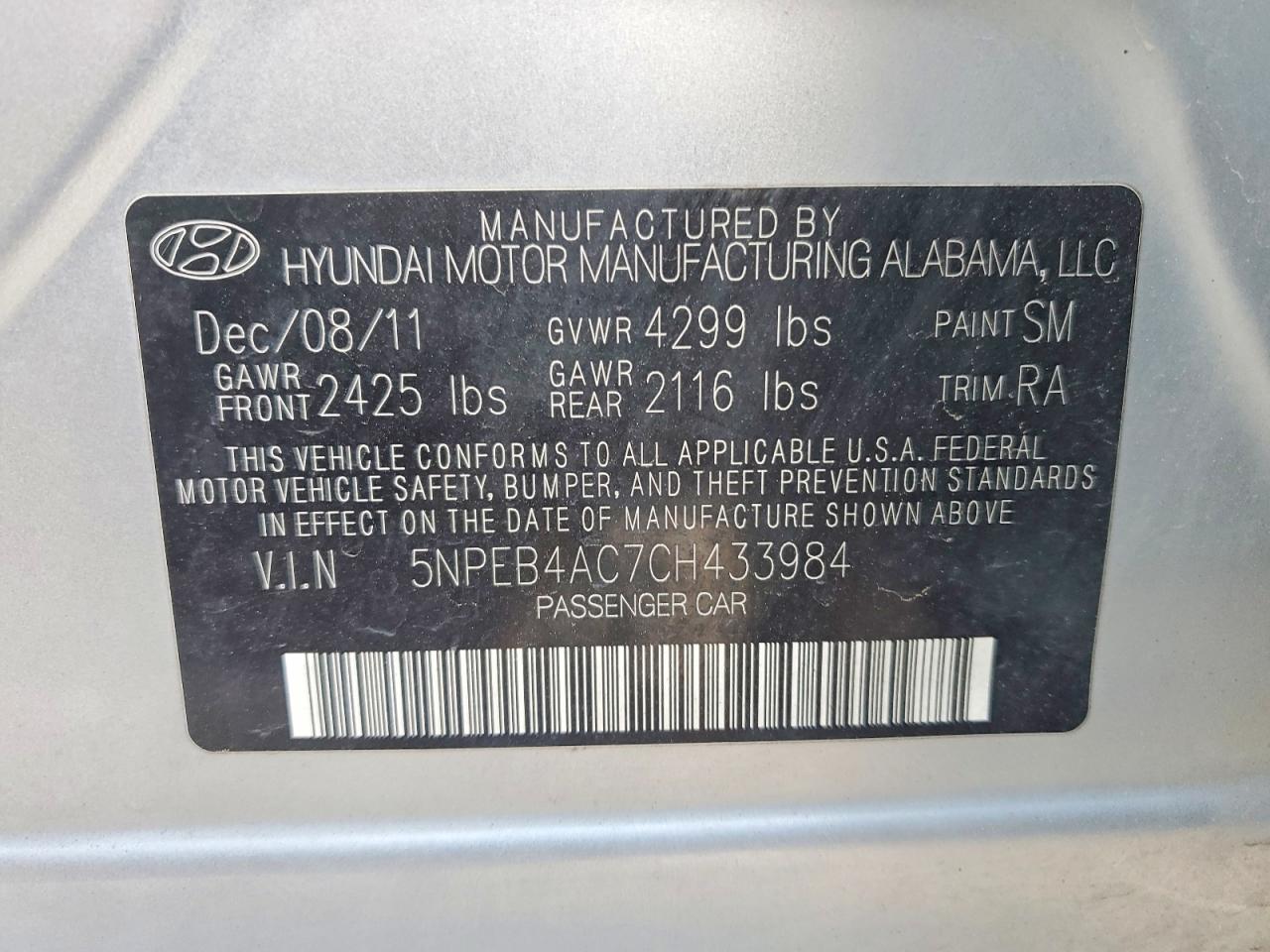 2012 HYUNDAI SONATA GLS photo 12