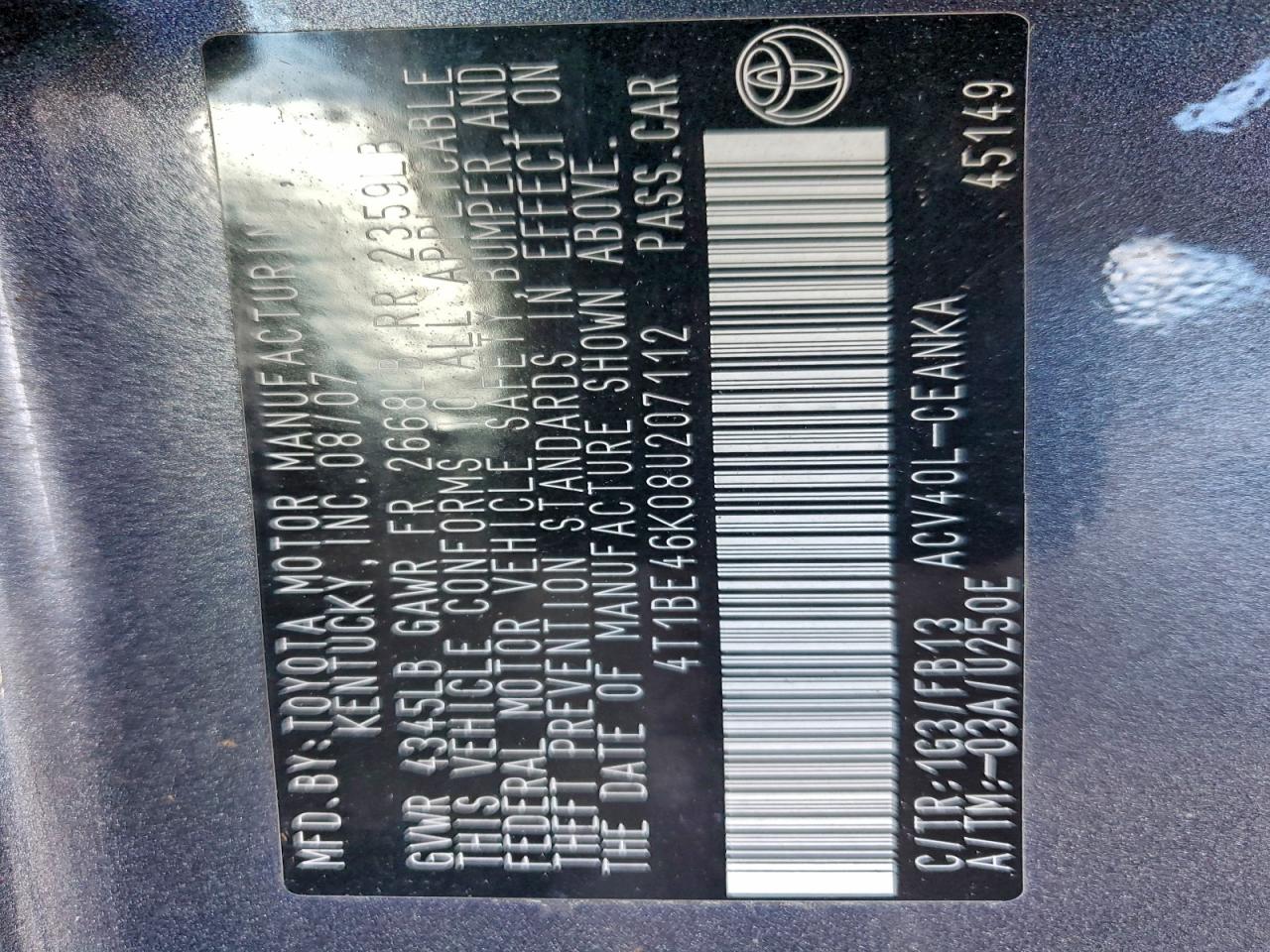 2008 TOYOTA CAMRY CE photo 12
