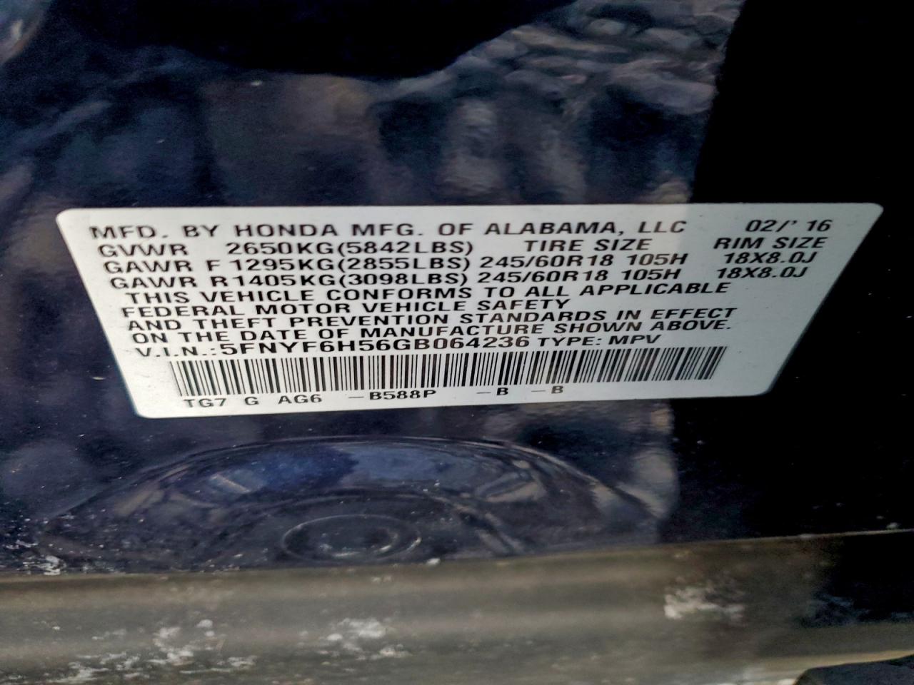2016 HONDA PILOT EXL photo 37