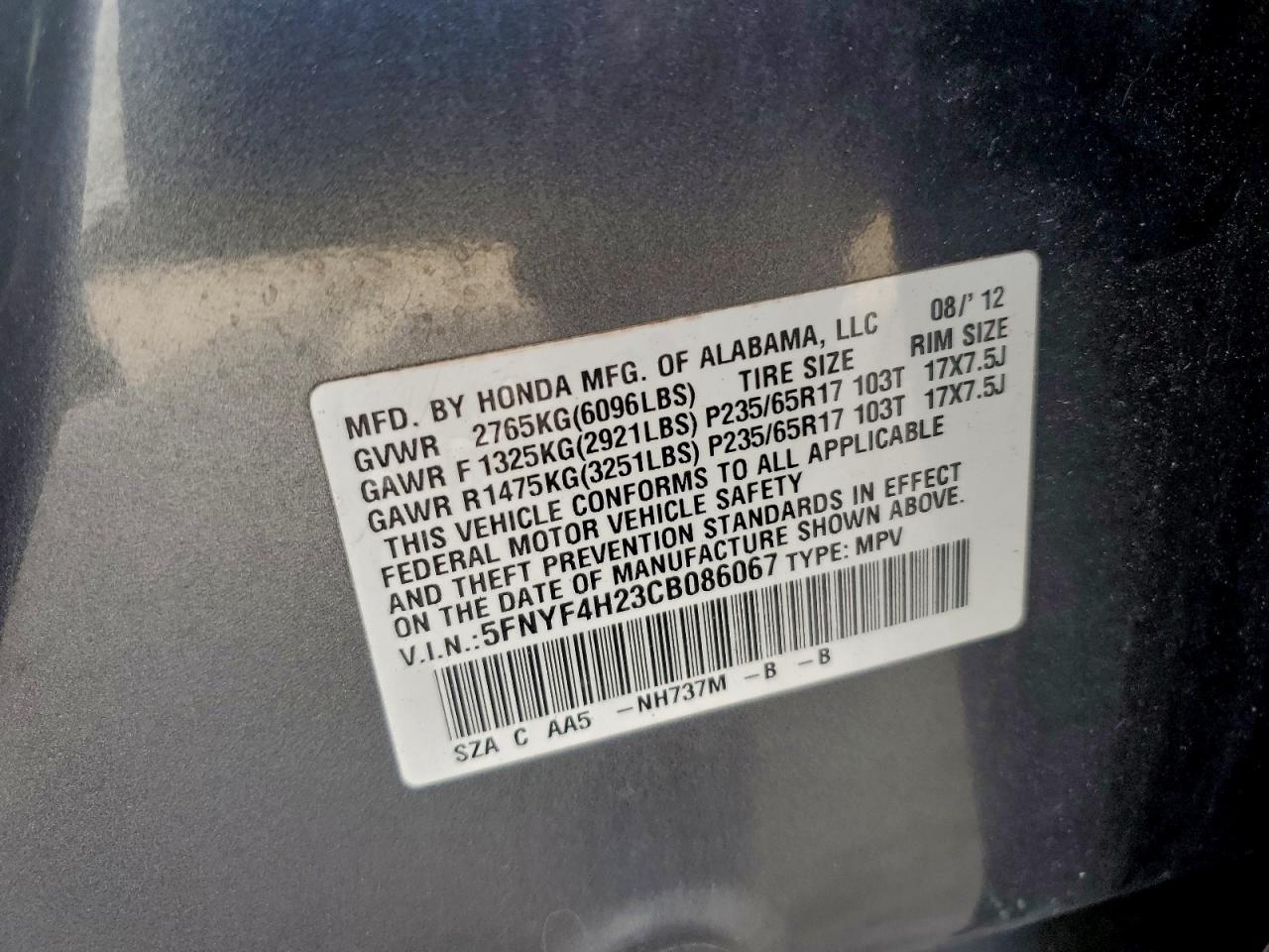 2012 HONDA PILOT LX photo 27