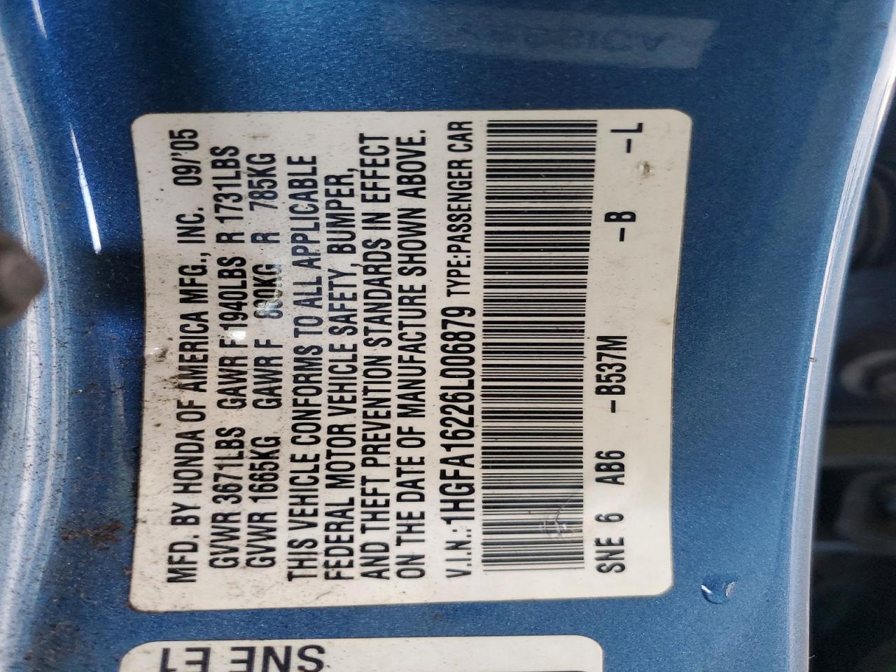2006 HONDA CIVIC DX photo 12