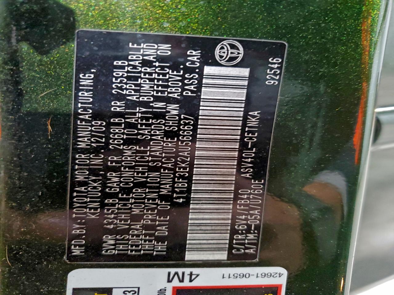2010 TOYOTA CAMRY BASE photo 12