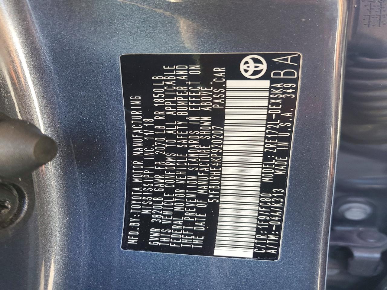 2019 TOYOTA COROLLA L photo 12