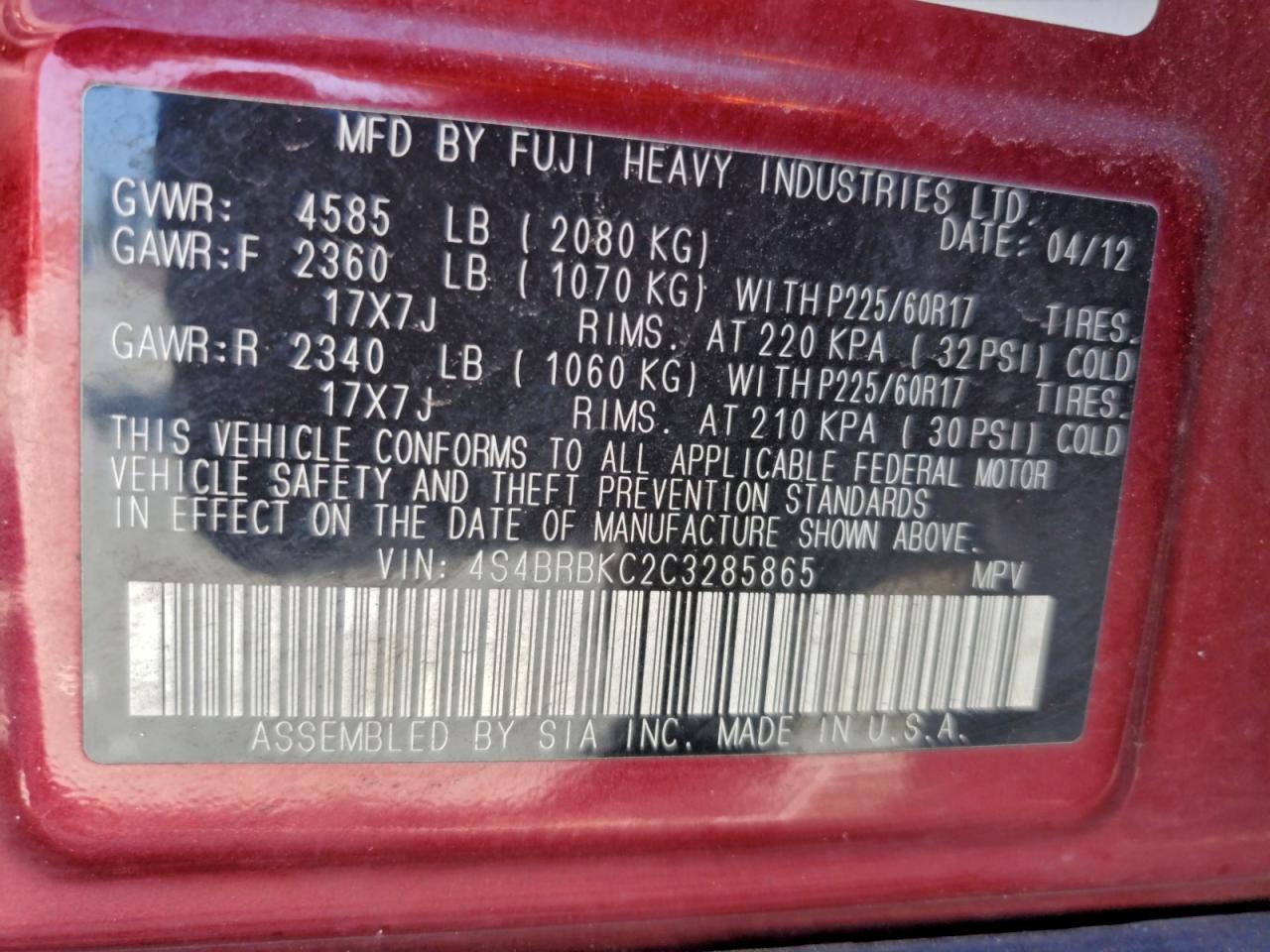 2012 SUBARU OUTBACK 2.5I LIMITED photo 13