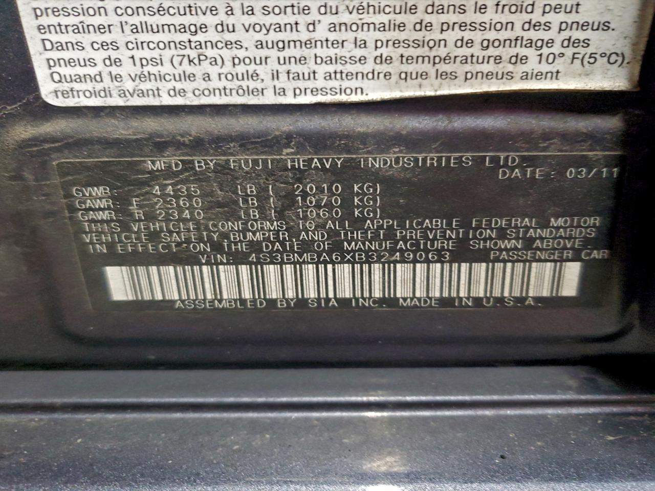 2011 SUBARU LEGACY 2.5I photo 12
