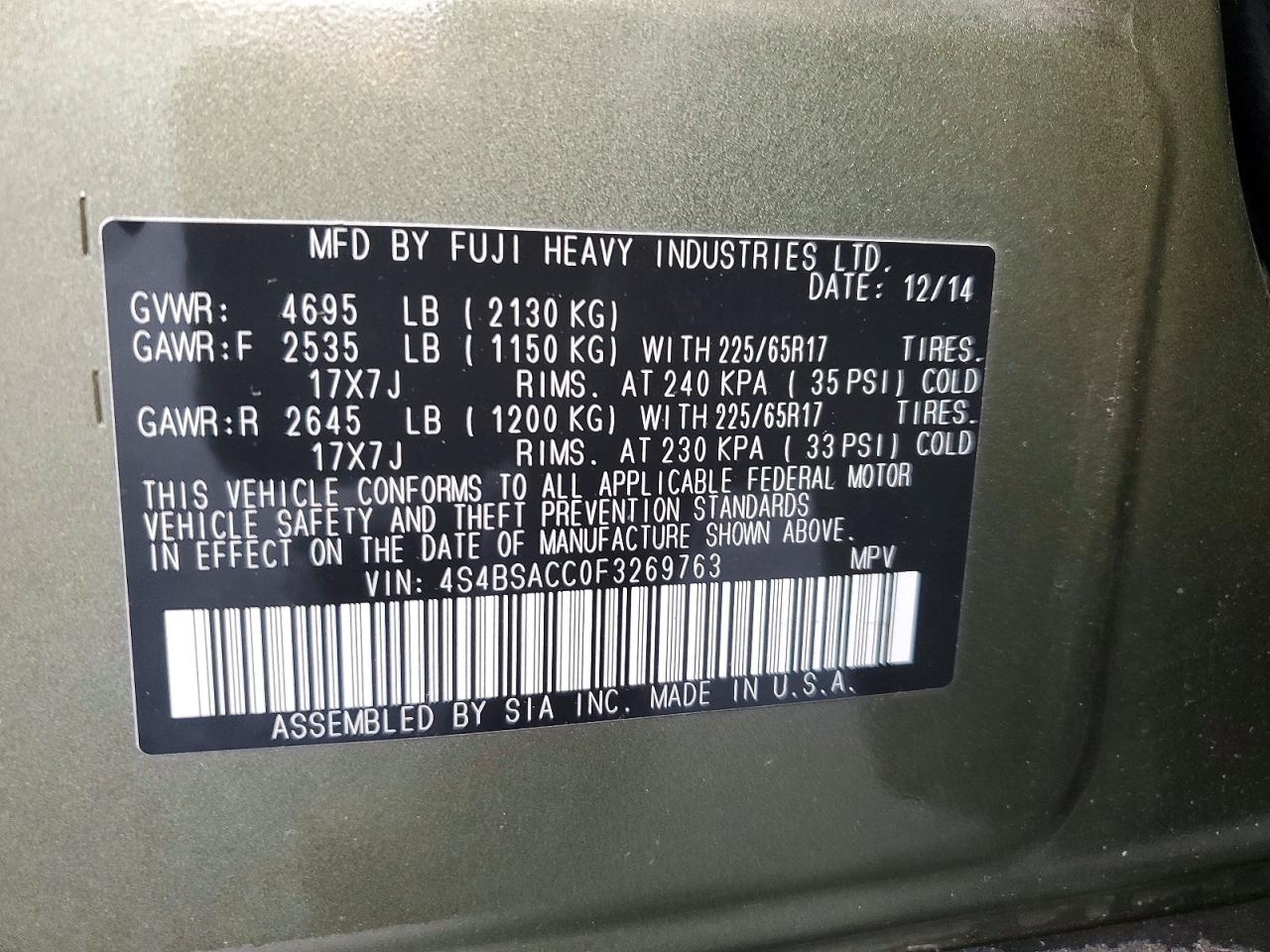 2015 SUBARU OUTBACK 2.5I PREMIUM photo 13