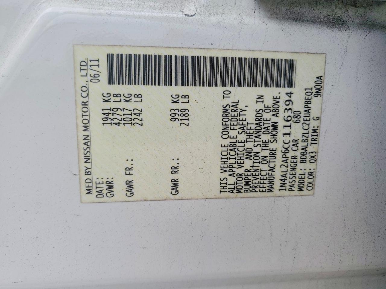 2012 NISSAN ALTIMA BASE photo 12