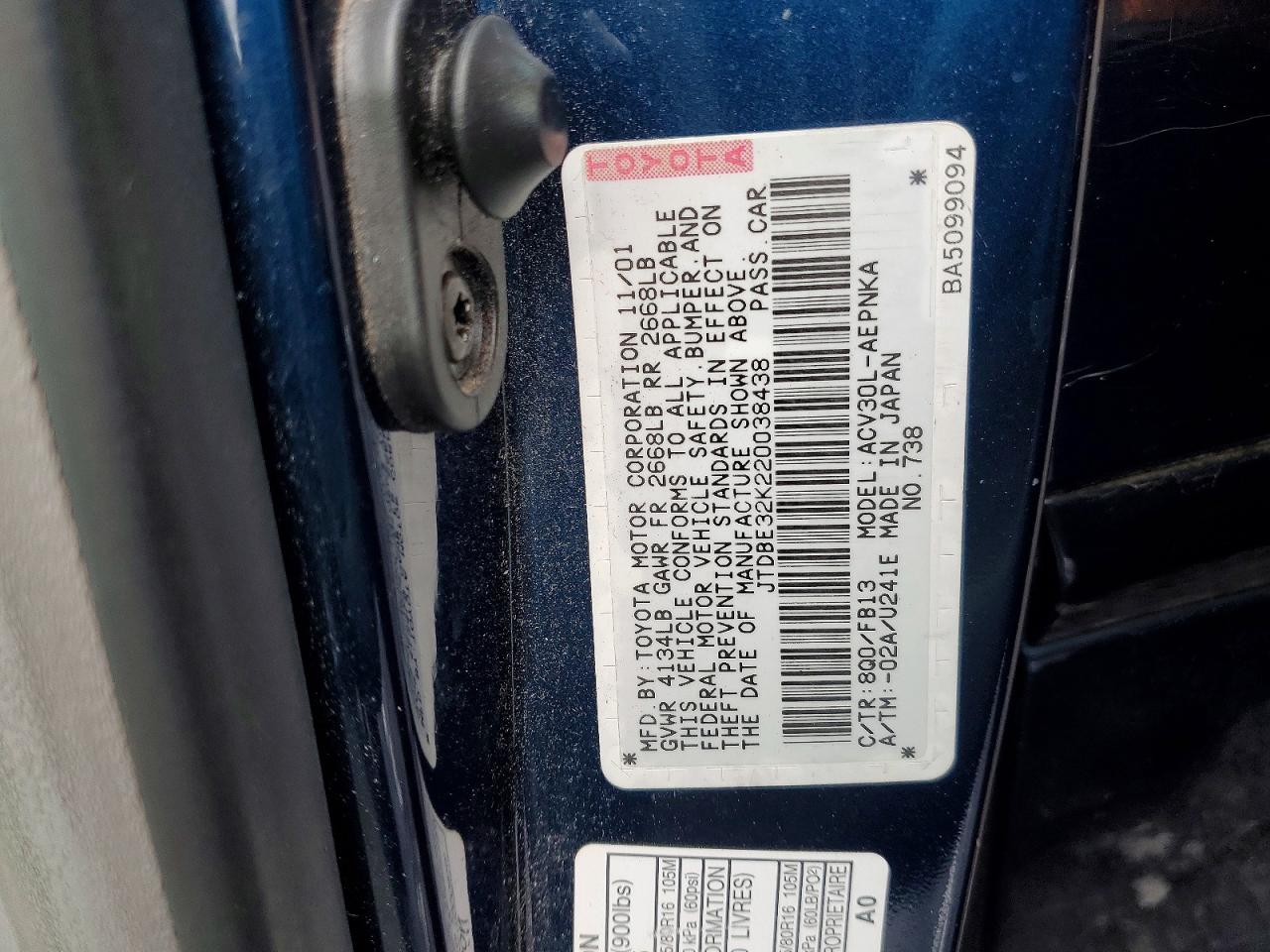 2002 TOYOTA CAMRY LE photo 12
