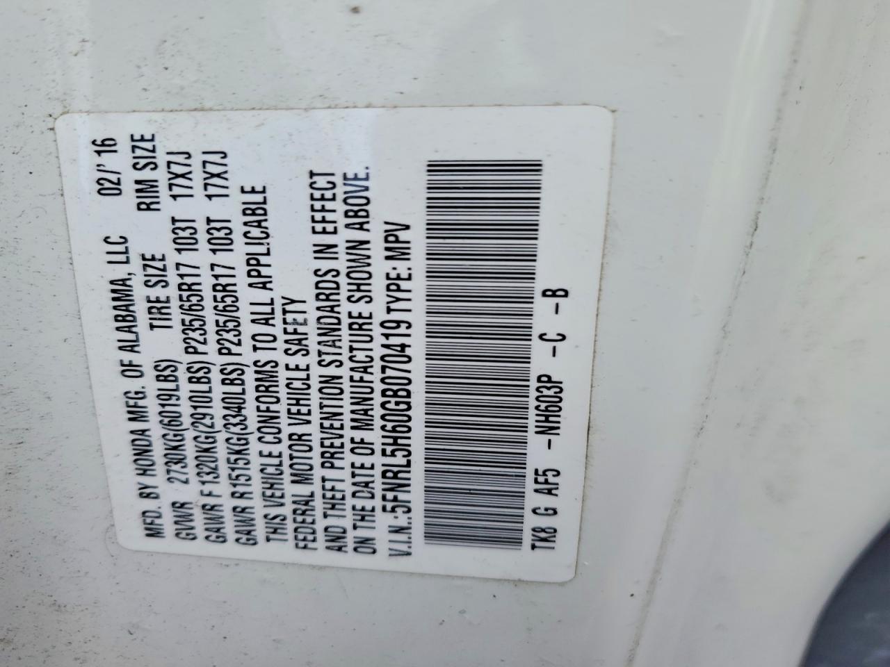 2016 HONDA ODYSSEY EXL photo 14