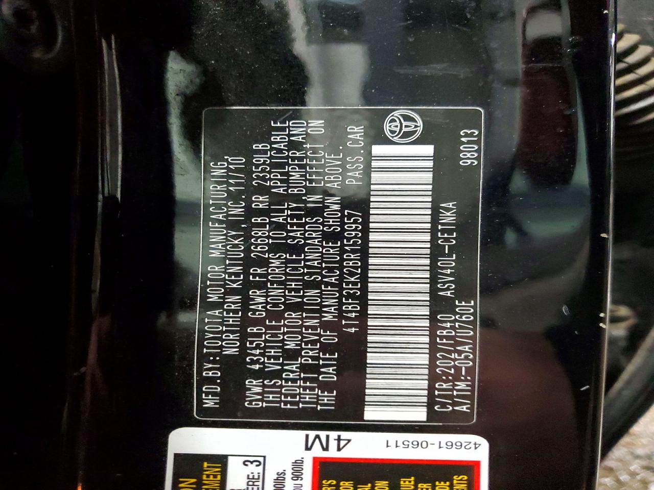 2011 TOYOTA CAMRY BASE photo 12