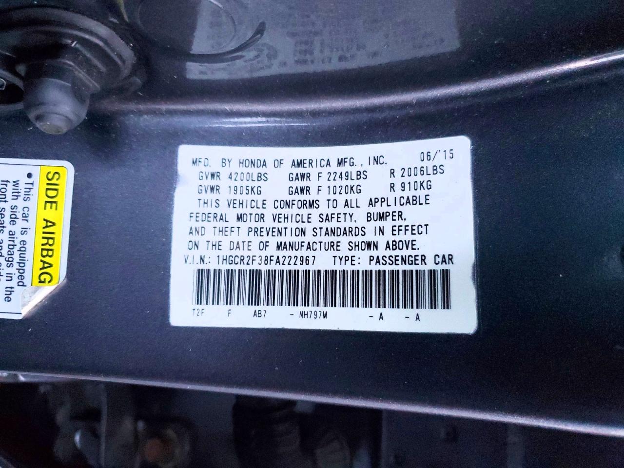 2015 HONDA ACCORD LX photo 23