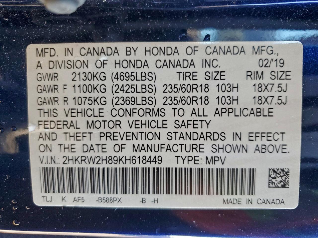2019 HONDA CR-V EXL photo 14