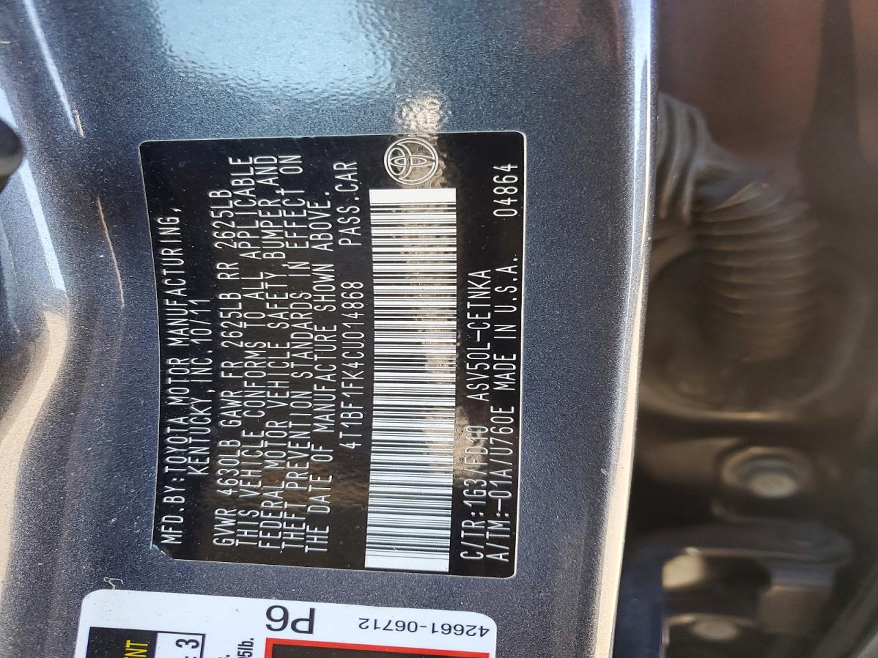 2012 TOYOTA CAMRY BASE photo 12
