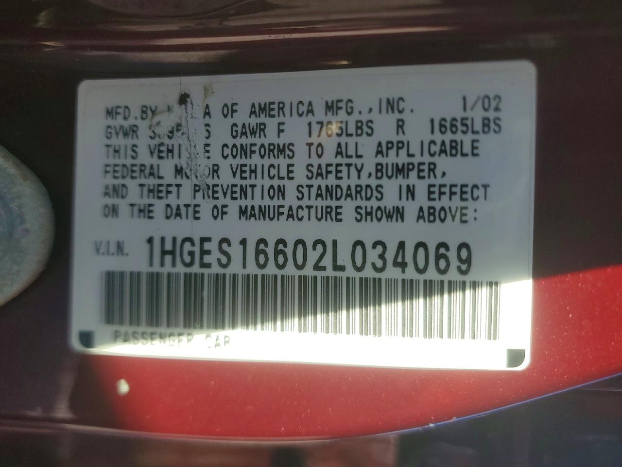 2002 HONDA CIVIC LX photo 12