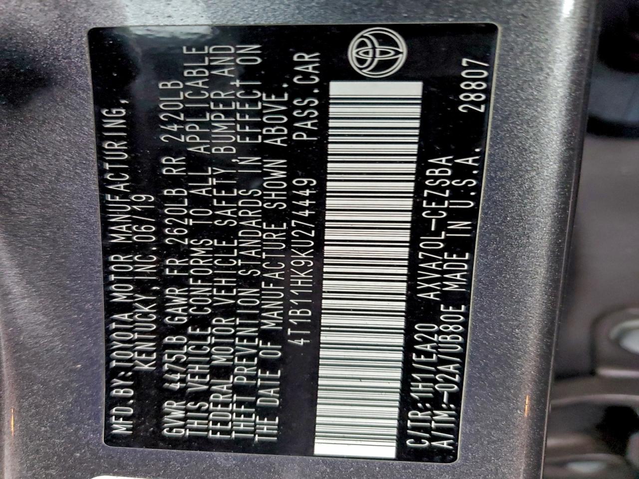 2019 TOYOTA CAMRY L photo 12