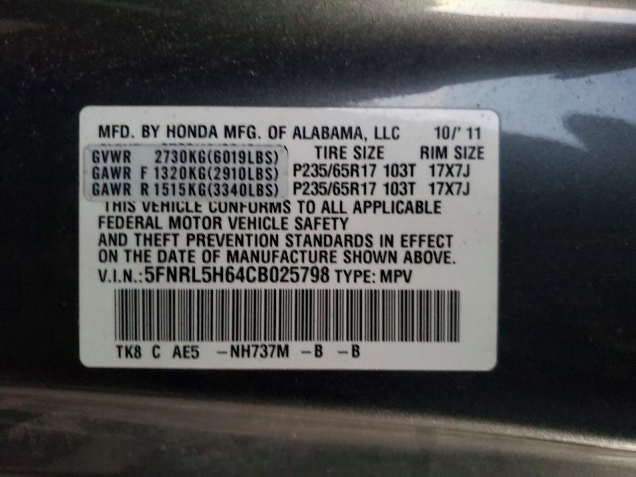 2012 HONDA ODYSSEY EXL photo 37