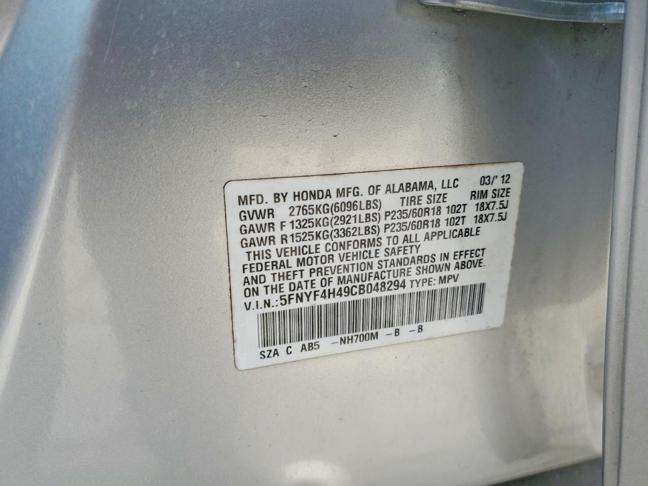 2012 HONDA PILOT EX photo 13