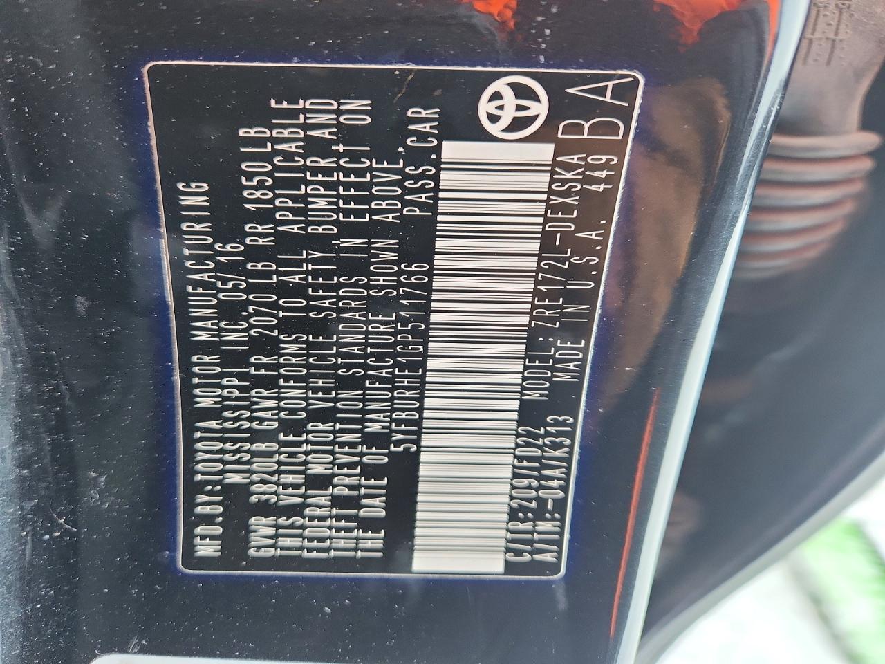 2016 TOYOTA COROLLA L photo 13