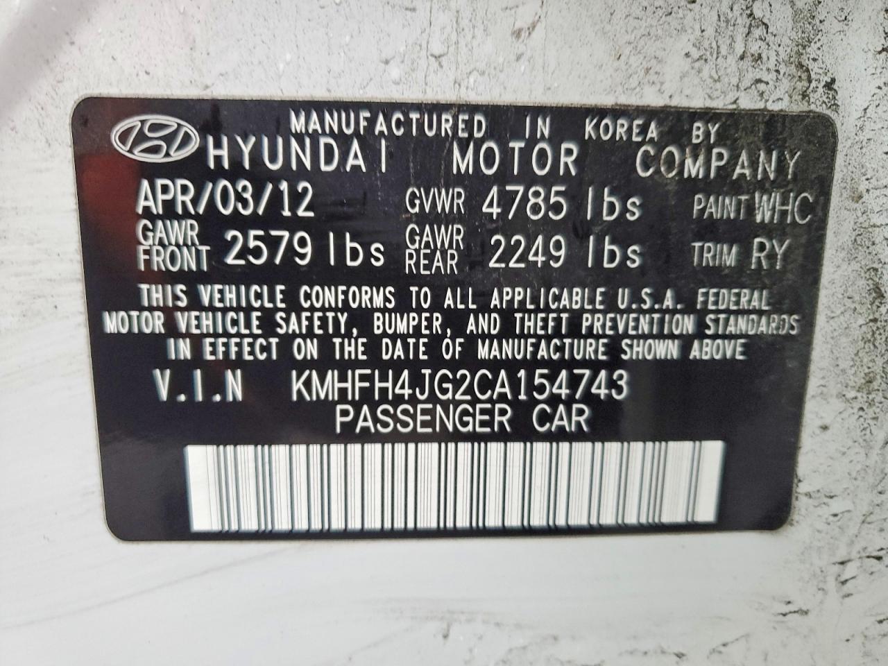 2012 HYUNDAI AZERA GLS photo 12