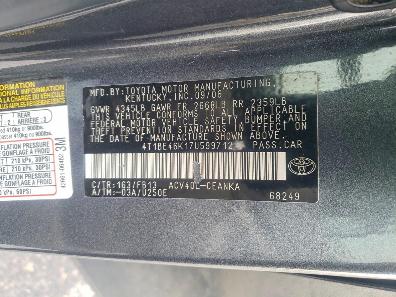 2007 TOYOTA CAMRY CE photo 12