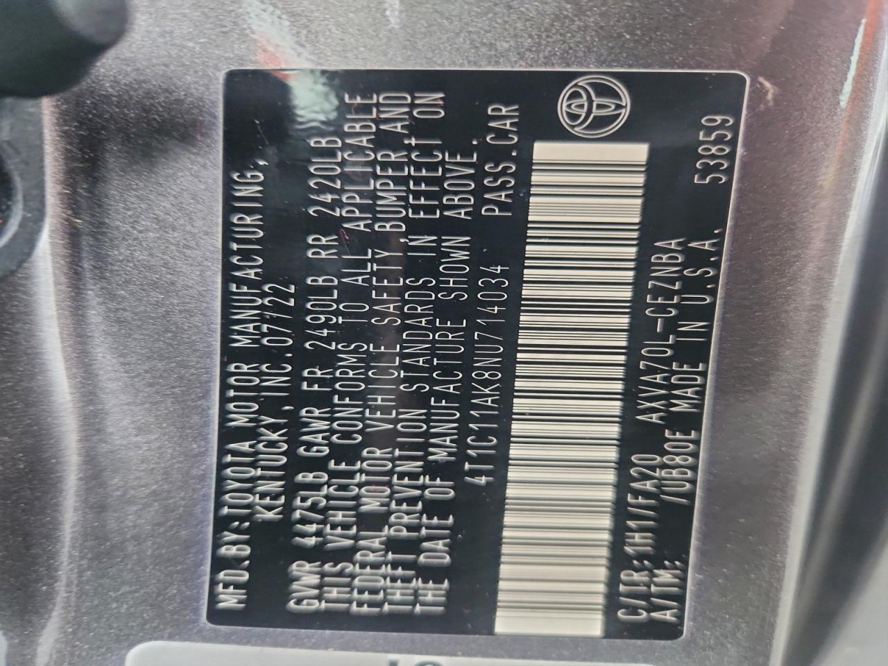 2022 TOYOTA CAMRY LE photo 12