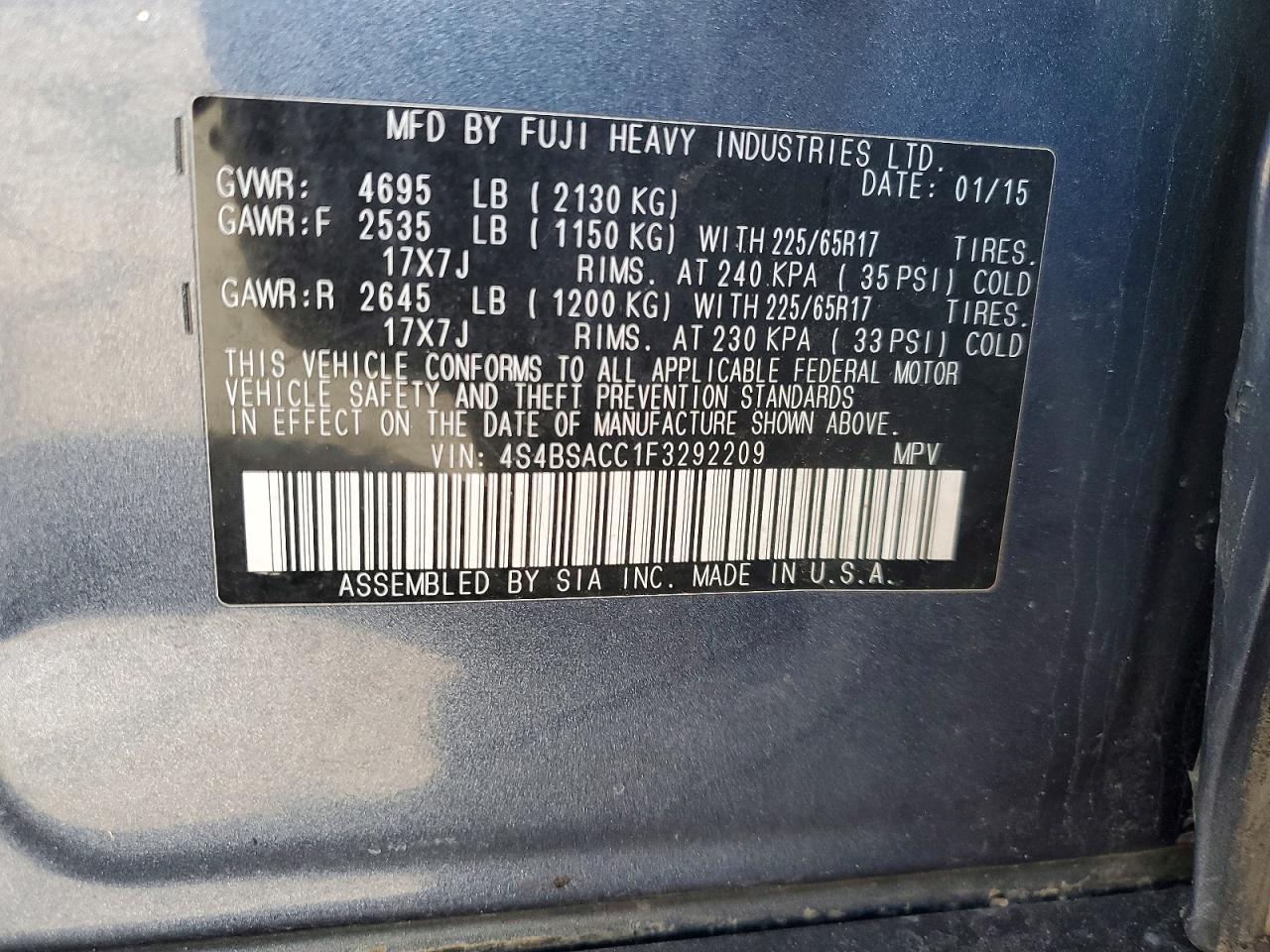 2015 SUBARU OUTBACK 2.5I PREMIUM photo 13