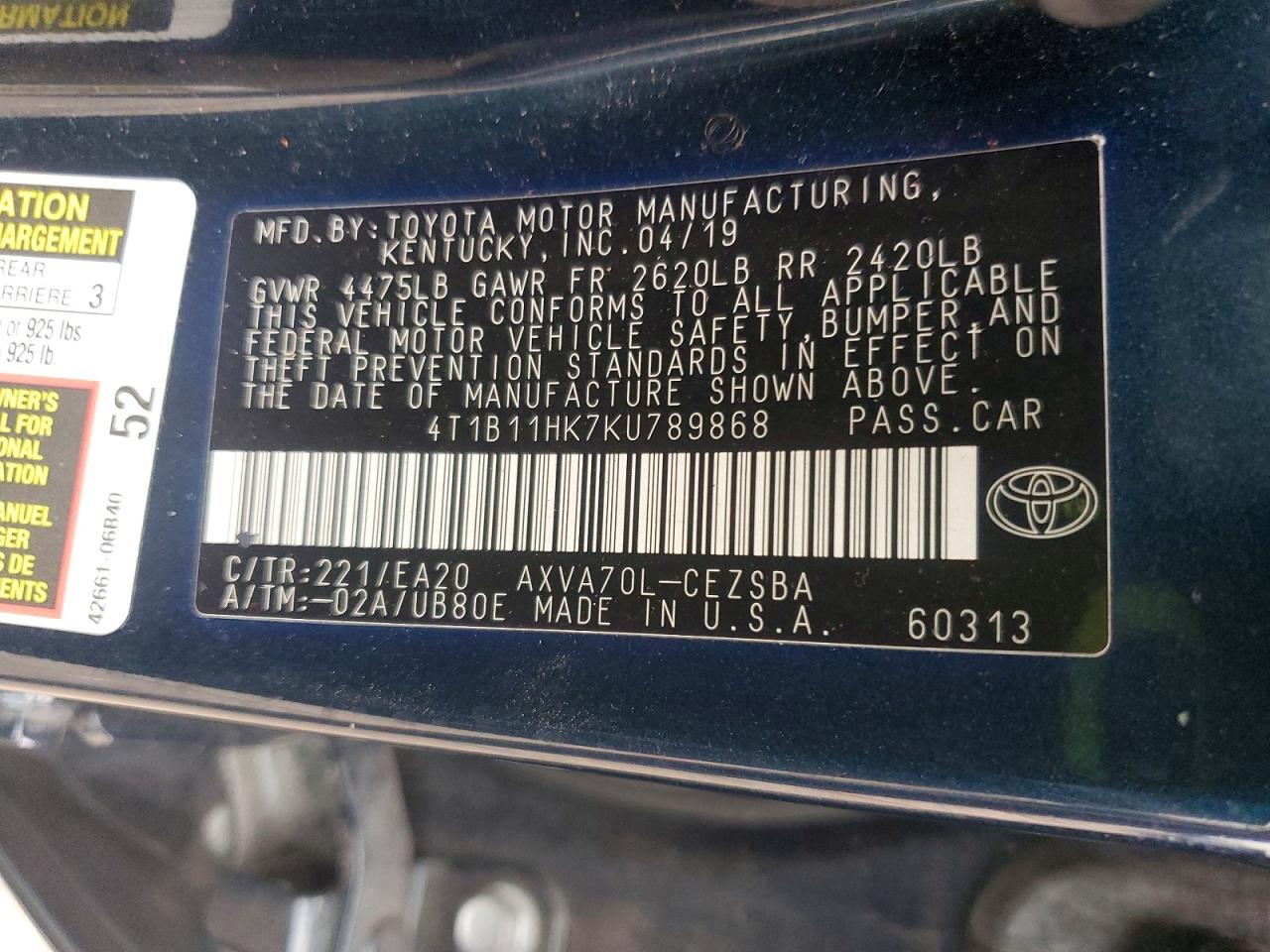 2019 TOYOTA CAMRY L photo 13