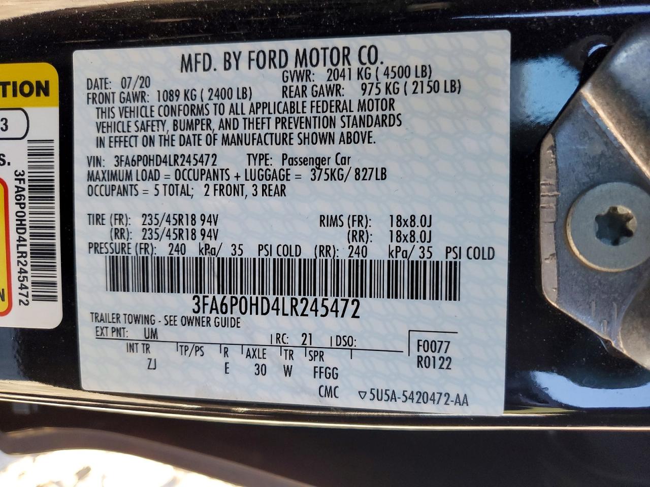 2020 FORD FUSION SE photo 12