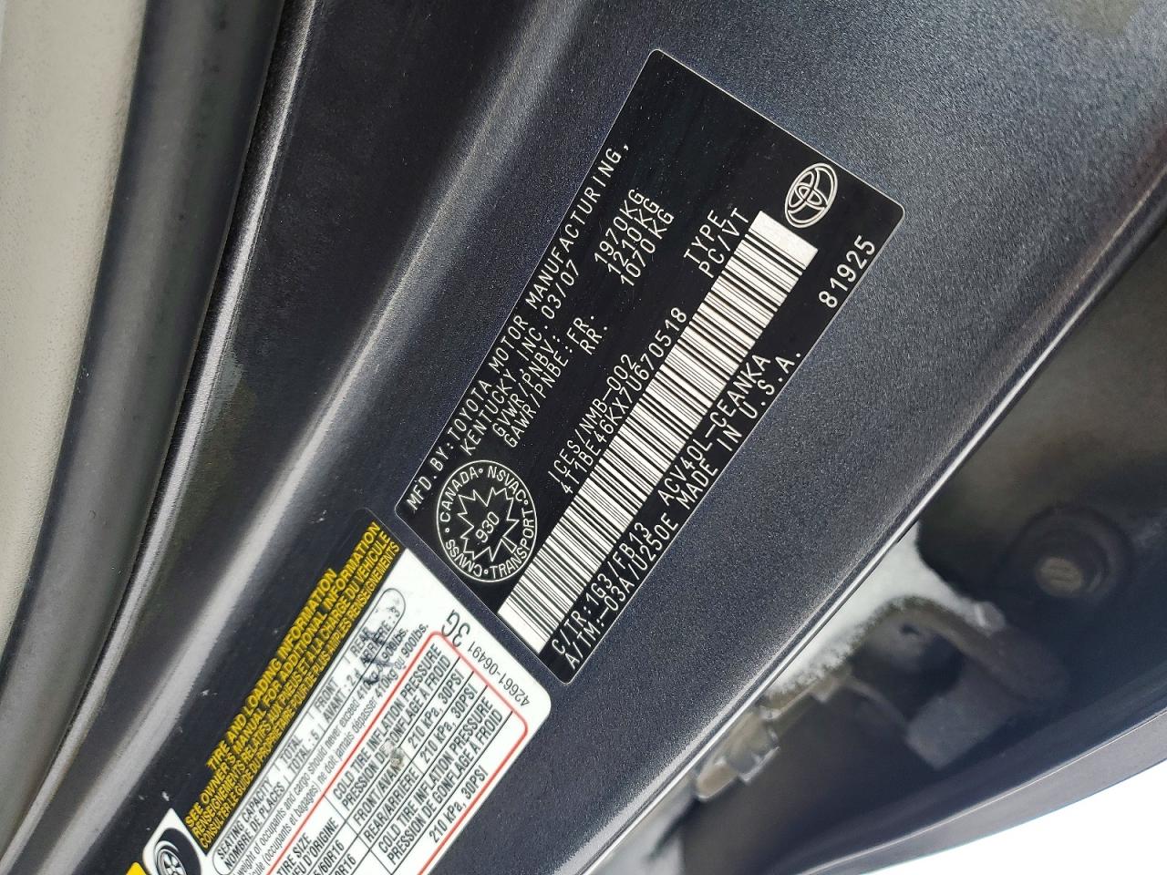 2007 TOYOTA CAMRY CE photo 25