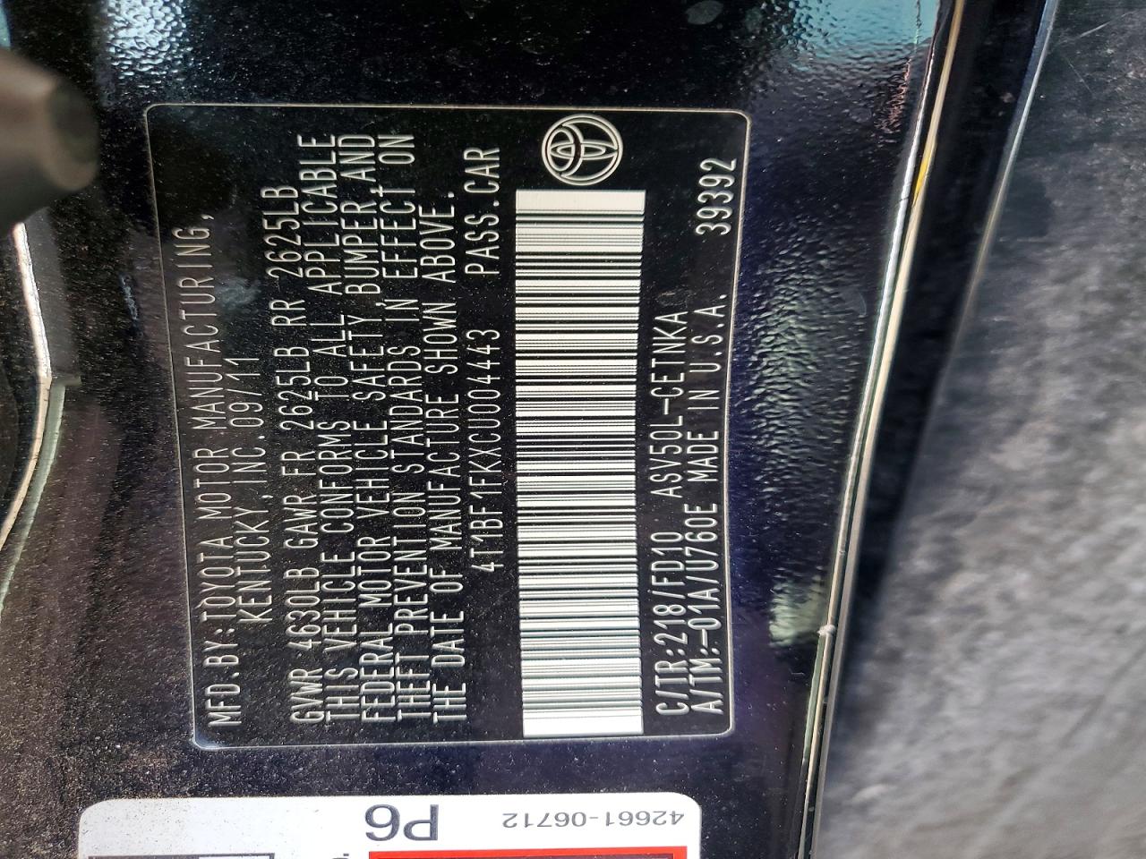 2012 TOYOTA CAMRY BASE photo 11