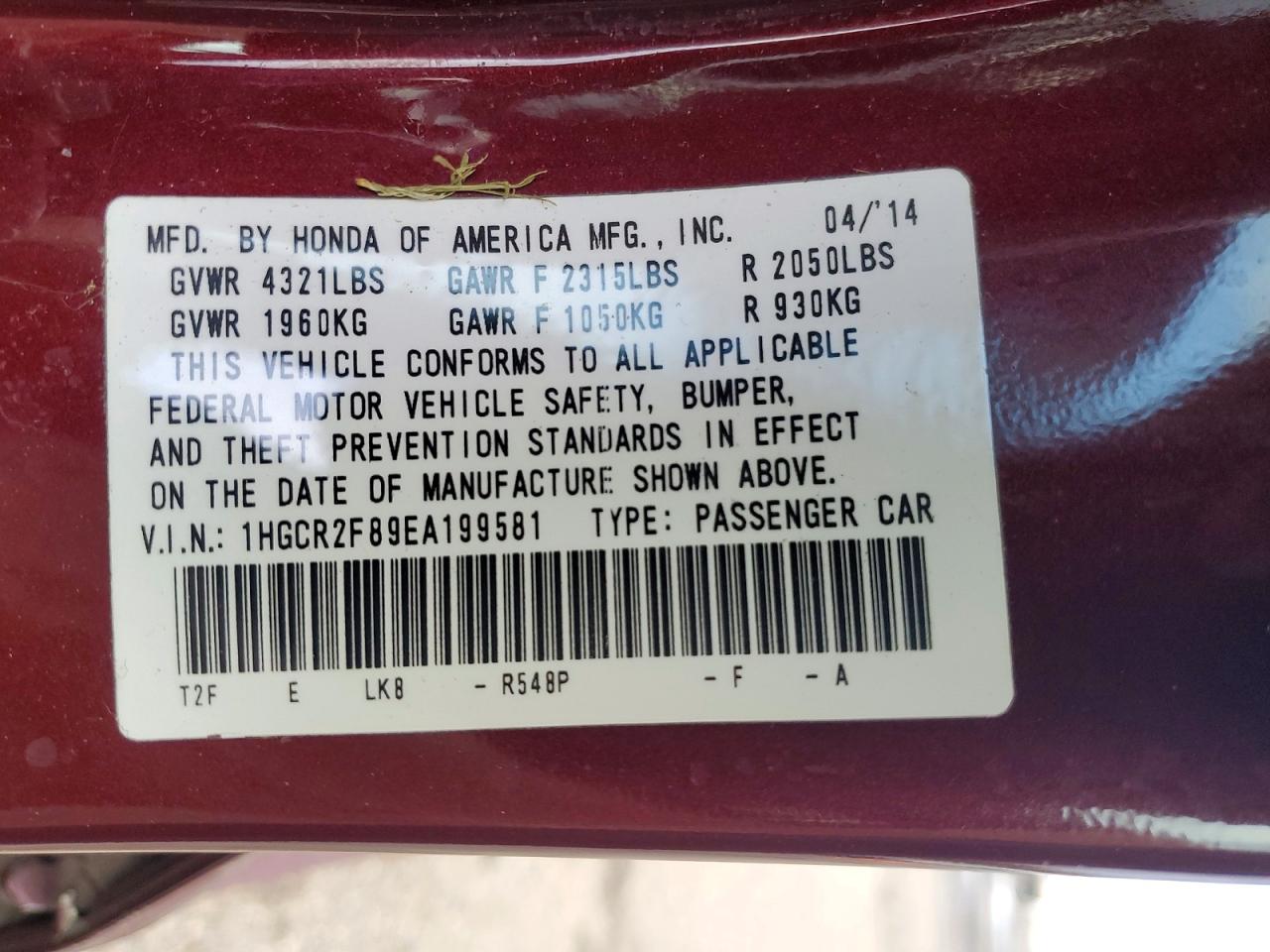 2014 HONDA ACCORD EXL photo 12