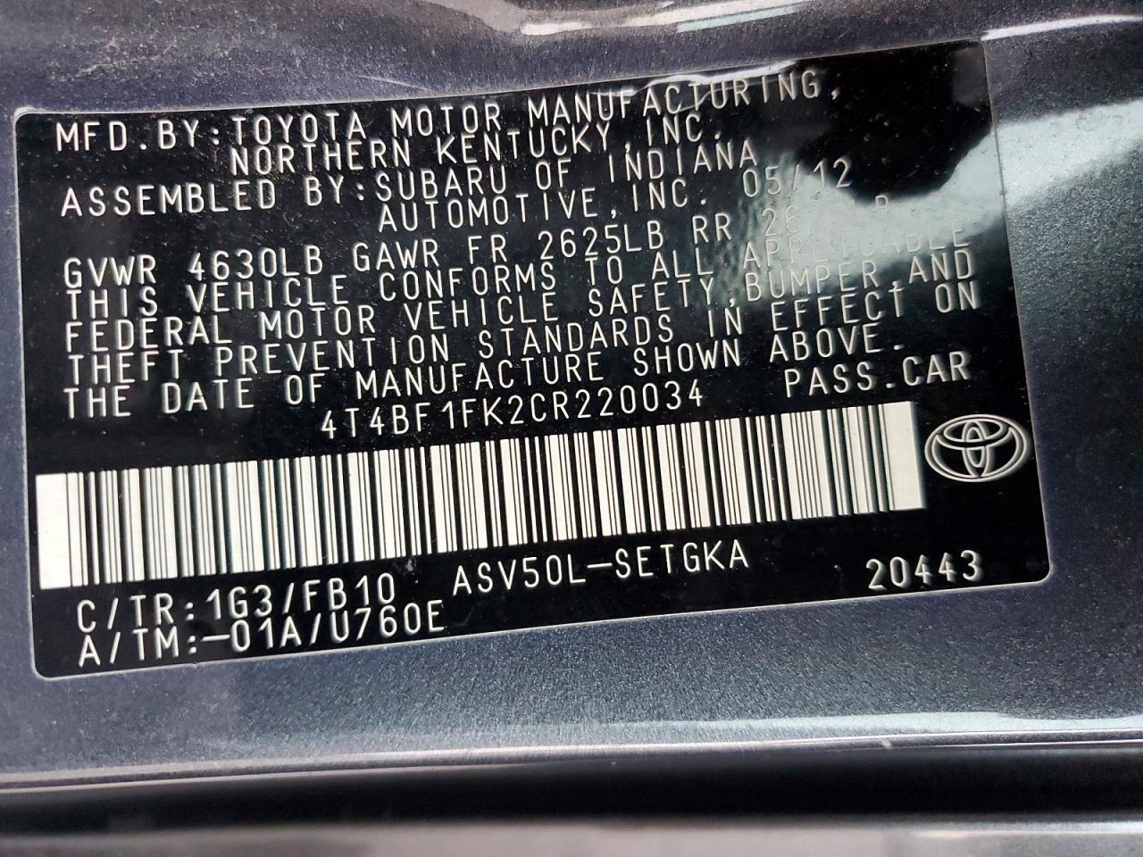 2012 TOYOTA CAMRY BASE photo 12