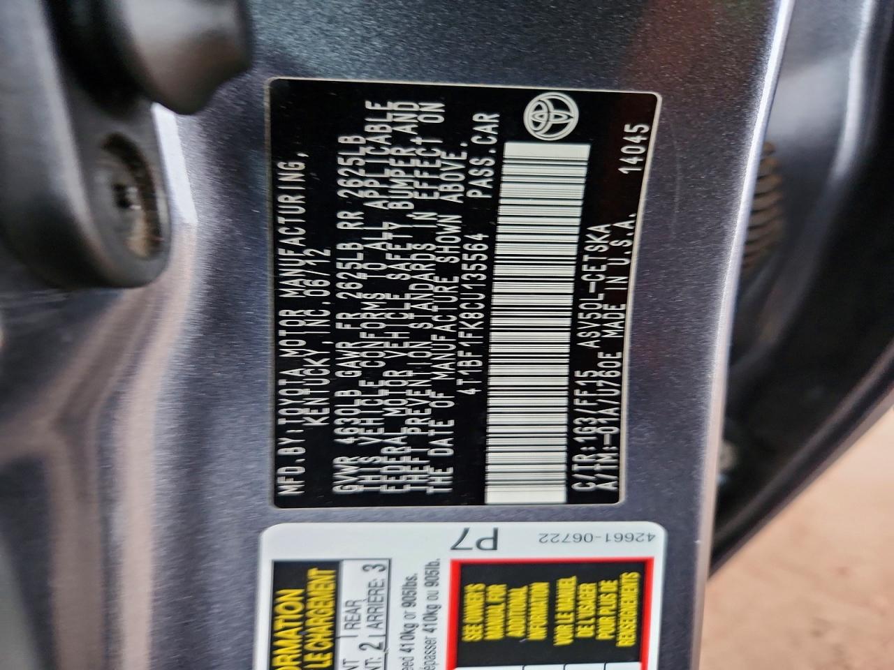 2012 TOYOTA CAMRY BASE photo 13